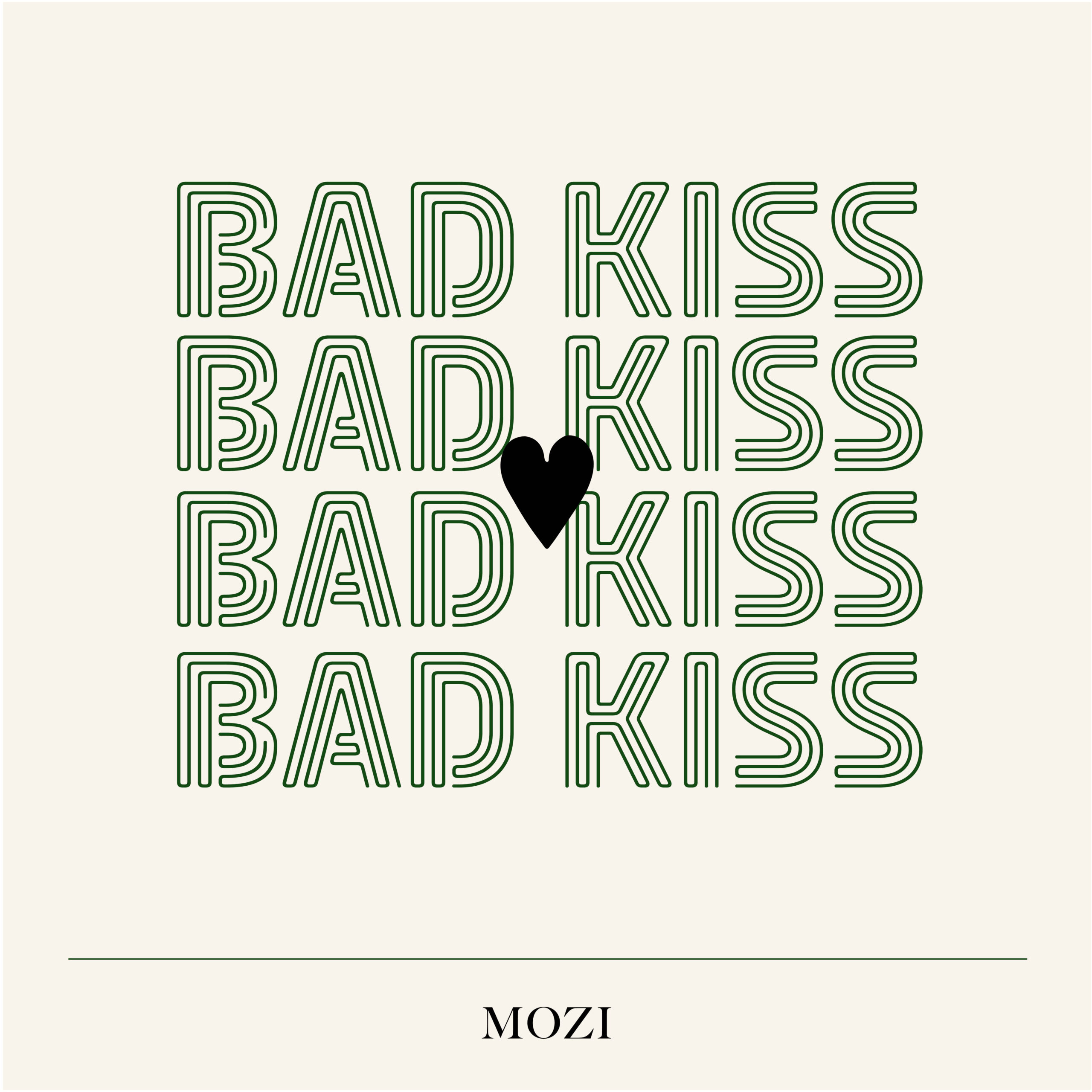 Bad Kiss Lettering with a black heart in the middle on beige background